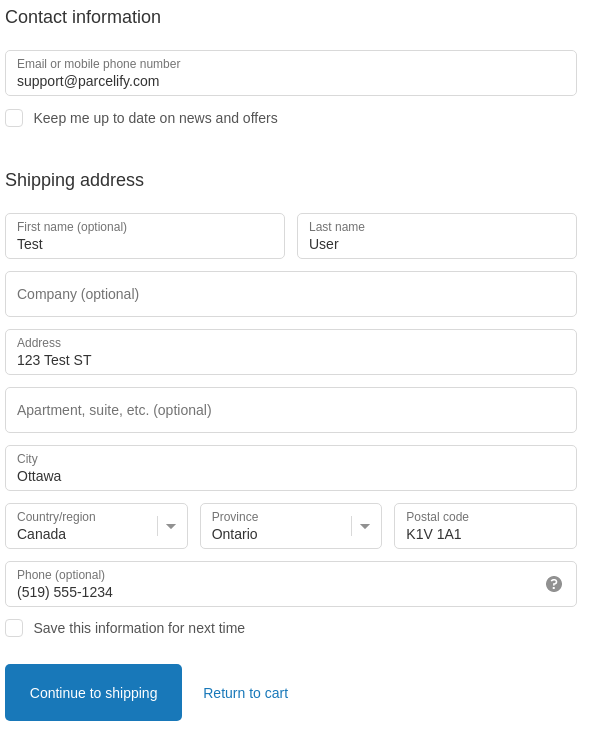 Screenshot of Shopify checkout with populated information