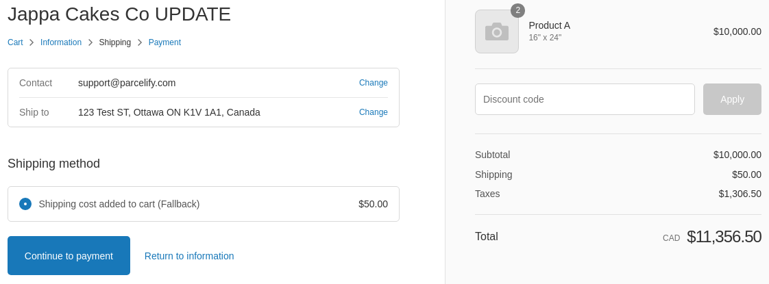 Screenshot of Shopify checkout shipping rates with $50 fallback rate