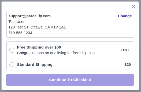 Screenshot of shipping rate selection