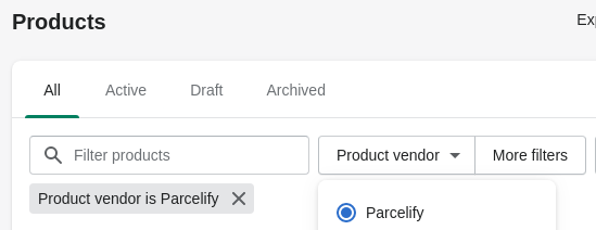 Screenshot of products filtered for Parcelify