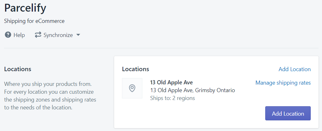 Image displaying a shipping Location, followed by the synchronize location button, an example location, and button to add more locations