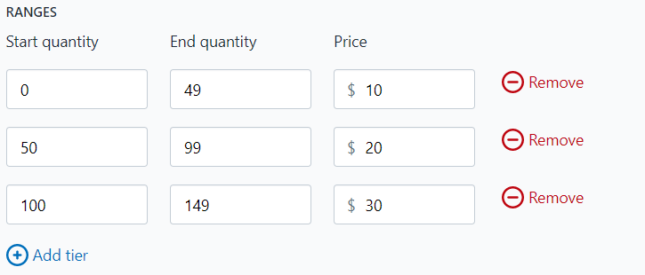 Example of price tiers increasing by 50 items each tier