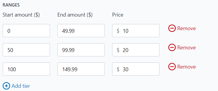 Example of price tiers increasing by $50 each tier