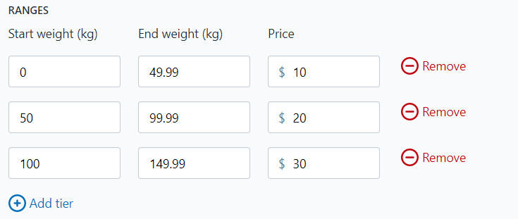 Example of weight tiers increasing by 50kg each tier