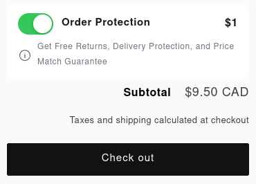 The cart page with the Order Protection toggle switched on, priced at $1, above the subtotal and a Check out button. Below the toggle, small text with an info icon reads Get Free Returns, Delivery Protection, and Price Match Guarantee
