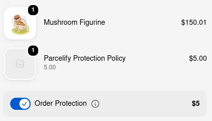 The Shopify checkout order summary listing a product and a Parcelify Protection Policy line item, above a blue Order Protection toggle switched on and priced at $5, with an info icon