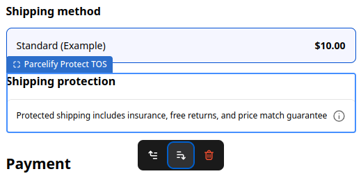 Our checkout extension appears in the checkout editor with a label at the top that reads 'Parcelify Checkout TOS'. Below the block are three icons: three lines with an up arrow, three lines with a down arrow, and a red trash icon for removing the block