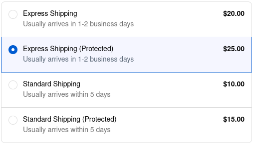 A list of shipping rates at checkout. They are listed in the following order: Express Shipping $20, Express Shipping (Protected) $41.05, Standard Shipping $10, Standard Shipping (Protected) $31.05