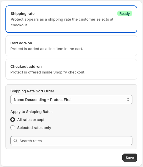 The Protect settings panel with Shipping rate selected. A green Ready badge appears next to Shipping rate. Below, the Shipping Rate Sort Order dropdown reads "Name Descending - Protect First." Under "Apply to Shipping Rates," the All rates except radio button is selected, above a Selected rates only option and a Search rates field, followed by a Save button
