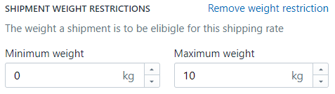 A shipment weight restriction with 0 in the minimum weight field and 10 in the maximum weight field