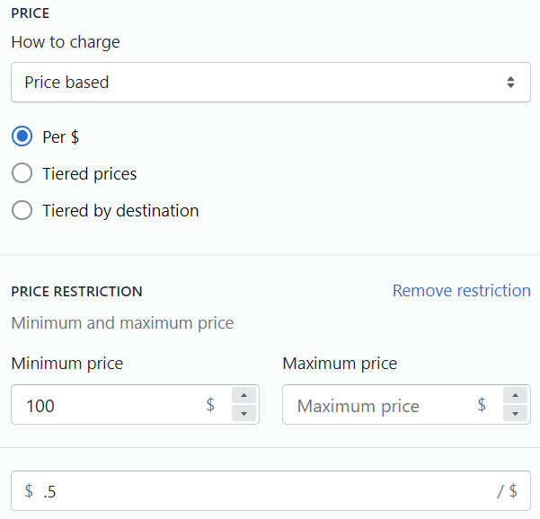 Minimum and maximum price restriction fields. The minimum is filled in with a value of $100. The bottom price field is set to .5, or 50%