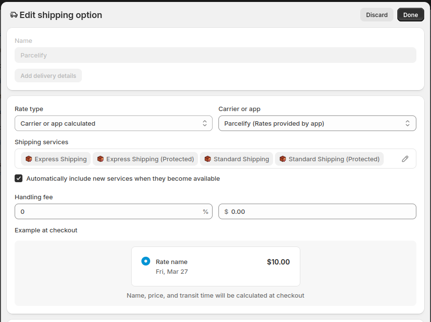 Dialog for selecting 3rd Party rates in Shopify