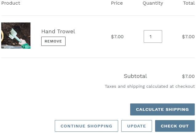 The shopify cart page with a new button, calculate shipping, just above the checkout button