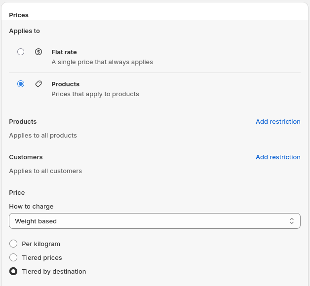 Pictured is the Price section of a Products Price. Applies to is set to Products. Under How to charge, the dropdown reads Weight based, and below it three radio options appear: Per kilogram, Tiered prices, and Tiered by destination — with Tiered by destination selected