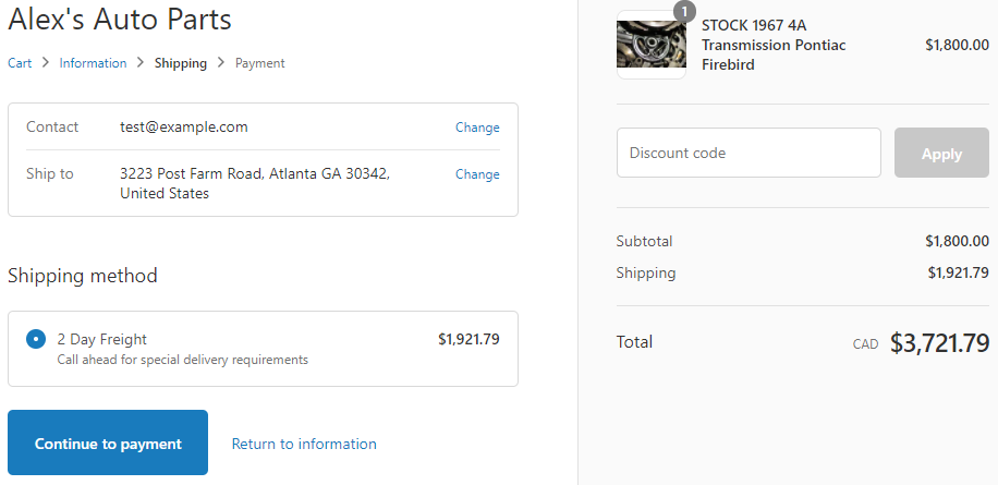 Shopify checkout screen. A transmission is in the cart and the shipping rate shown says 2 Day Freight for $1921.79