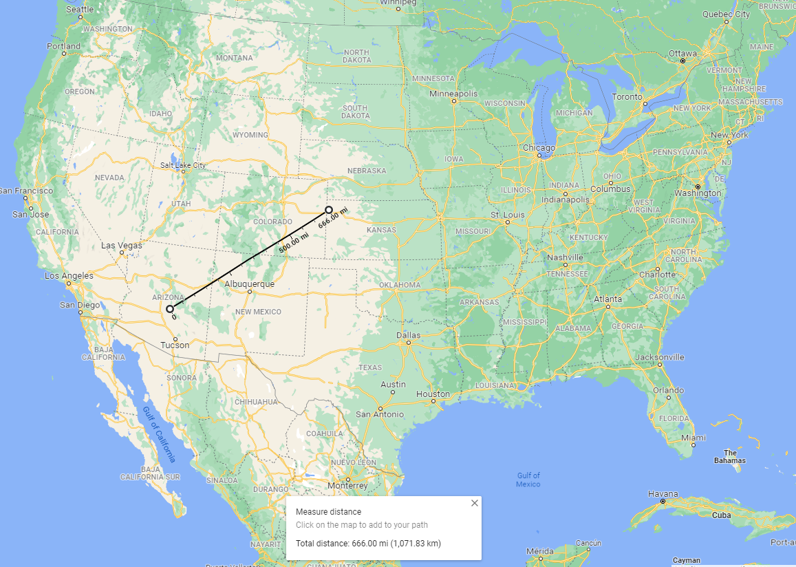 Physical map of the United States with a line tool depicting a distance of 666 miles