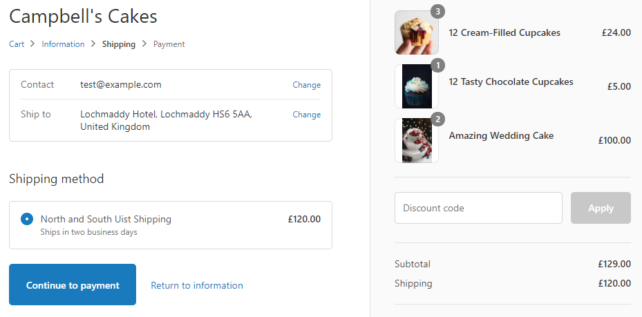 The Shopify checkout screen. In the cart are 3 sets of cream-filled cupcakes, 1 set of chocolate cupcakes, and 2 wedding cakes. A North and South Uist Shipping rate is present for a total of £120