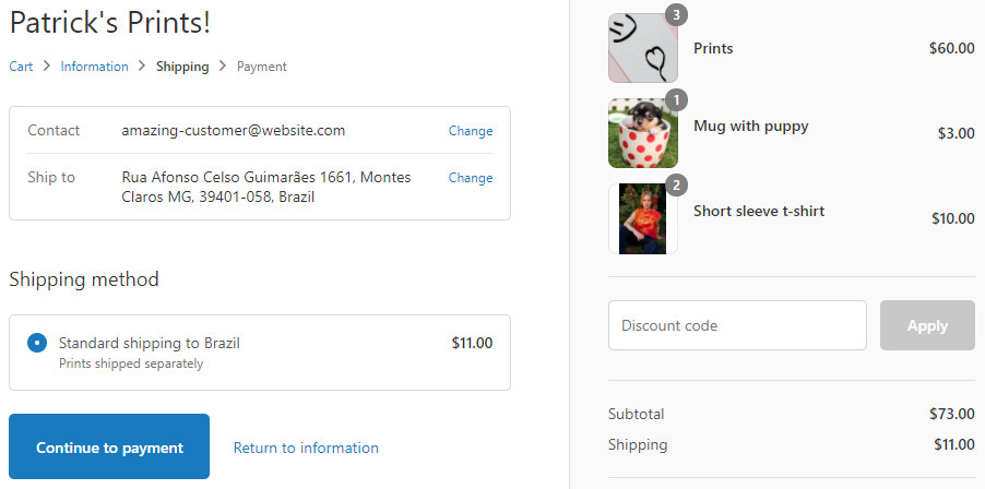 The Shopify checkout screen. 3 prints, 1 mug, and 2 short-sleeve t-shirts are in the cart. A Standard shipping to Brazil rate is shown for a total of $11