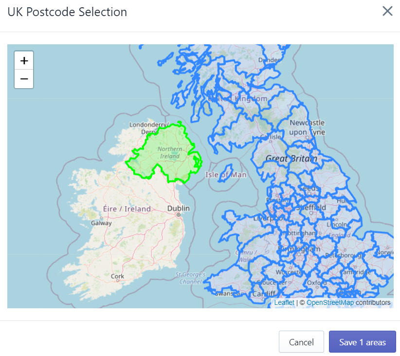 A map of various UK postcode areas outlined in blue. One area, Northern Ireland, is selected and highlighted green. In the bottom right there is a gray cancel button and purple button with the words, "Save one area." 