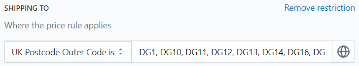 A dropdown that says, "UK Postcode Outward Code is," followed by a text input box with many outward codes (Example: DG1, DG2, etc) for the Dumfries and Galloway area.